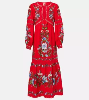 Цветочное миди-платье из смесового льна Farm Rio, Sweet Bloom Bouquet Red