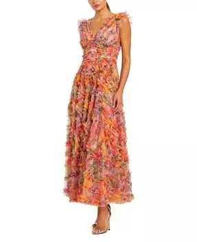 Цветочное платье с сетчатыми вставками, рюшами и V-образным вырезом до щиколоток Mac Duggal, мультиколор