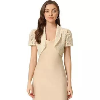 Цветочные кружева для женщин с воротником с лацканами и короткими рукавами Элегантный кардиган-болеро ALLEGRA K, бежевый