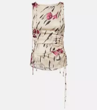 Цветочный топ из сатина с рюшами Ganni, Egret