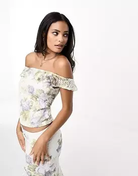 Цветочный топ с кружевными рюшами и открытыми плечами ASOS DESIGN, мульти