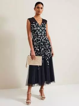 Цветочный вышитый бисером платье миди Phase Eight, темно-синий