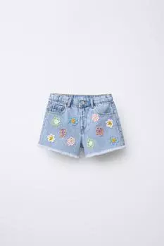 Цветок крючком шорты джинсовые бермуды ZARA, светло-синий