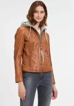 Цыганская кожаная куртка "GWAlice", с капюшоном, карманами на молнии, декоративными швами, вставкой в капюшоне Gipsy, цвет Cognac