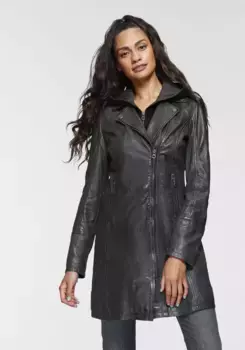 Цыганское кожаное пальто "Сенека", длинная кожаная куртка со вставкой на капюшоне на молнии Gipsy, антрацит