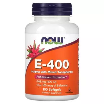 D-альфа E-400 со смесью токоферолов, 268 мг (400 МЕ), 100 мягких таблеток Now Foods