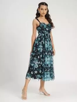 Датское платье миди с цветочным корсетом из тюля в цветочек Lace & Beads, цвет Blue Multi