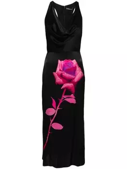 David Koma атласное платье миди с цветочным принтом, черный