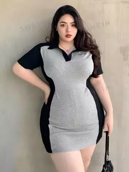 Dazy Plus, Облегающая одежда, воротник-поло, короткие рукава, вышитые буквы, колор-блок, для полных людей Dazy, серый