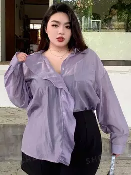 Dazy Plus Plus Размер Весна/Лето Повседневная свободная рубашка Прозрачная однотонная рубашка с открытым передом Dazy, фиолетовый