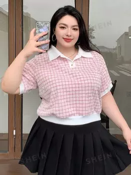 Dazy Плюс Размер Женская летняя контрастного цвета клетчатая повседневная футболка с половиной пуговиц Dazy, розовый