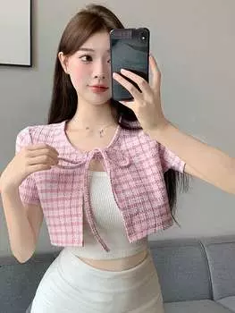 Dazy Star, укороченная футболка, клетчатый узор, бант спереди, розовый