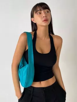 DAZY Женская летняя однотонная укороченная майка с лямкой на шее, черный цвет