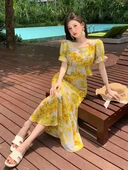 DAZY Женская летняя шифоновая юбка с пышными рукавами и цветочным принтом, высокая низкая юбка, комплект из двух предметов, желтый