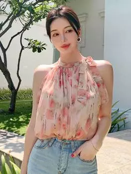 DAZY женские блузки без рукавов с цветочным принтом, блузки с воротником и завязками на лето, лето, розовый