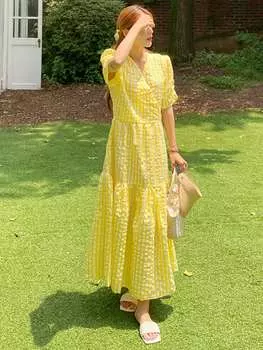DAZY Женское летнее платье с короткими рукавами и v-образным вырезом в клетку с рюшами и подолом, желтый