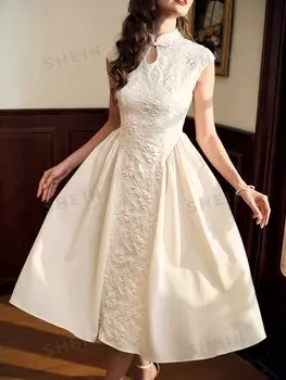 DECDS Мини-платье-кимоно в винтажном стиле, белое, с цветочным узором, эластичный воротник, завернутые рукава, подвернутые передние крылья, приталенный подол Shein, белый