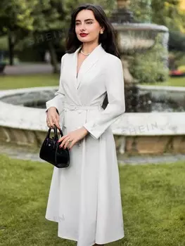 DECDS Ретро, элегантный Женский костюм, воротник стойка, рукава-колокольчики 3/4, пуговицы спереди, пояс, подходит для полуофициальных случаев Shein, белый