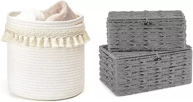 Декоративная корзина Mkono Macrame и корзины для хранения из бумажной веревки с крышкой, тканые декоративные корзины для хранения в спальне, гостиной, домашнем декоре, набор из 3 предметов