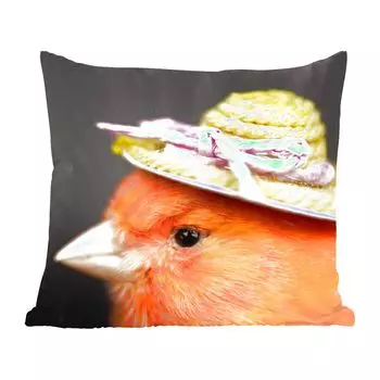 Декоративная подушка MuchoWow, диванная подушка, декоративная подушка для гостиной, 60 х 60 см, птица, шляпа, оранжевый, чехол на подушку, хлопчатобумажная ткань, декоративные чехлы на подушки