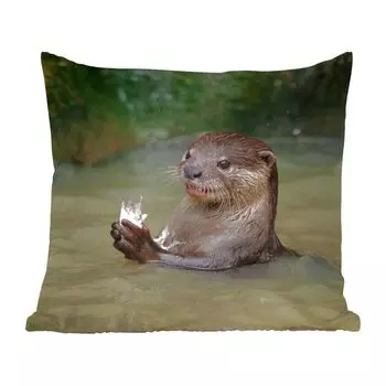 Декоративная подушка MuchoWow, диванная подушка, декоративная подушка для гостиной, 50 х 50 см, выдра с едой в воде - чехлы на подушки - украшение - спальня
