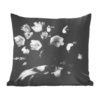 Декоративная подушка MuchoWow, диванная подушка, декоративная подушка для гостиной, 60 х 60 см, натюрморт - цветы - черно-белые - чехол на подушку - хлопчатобумажная ткань - декоративные наволочки