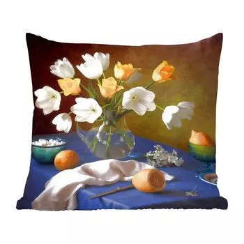 Декоративная подушка MuchoWow, диванная подушка, декоративная подушка для гостиной, 60 х 60 см, натюрморт - ваза - фрукты - чехол на подушку - хлопчатобумажная ткань - декоративные наволочки