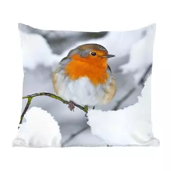 Декоративная подушка MuchoWow, диванная подушка, декоративная подушка для гостиной, 60 х 60 см, Робин - снег - зима - чехол на подушку - хлопчатобумажная ткань - декоративные наволочки