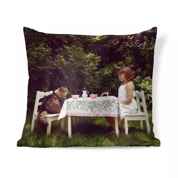 Декоративная подушка MuchoWow, диванная подушка, декоративная подушка для гостиной, 60 х 60 см, девочка, кошка, стол, чехол на подушку, хлопчатобумажная ткань, декоративные наволочки
