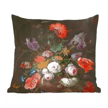 Декоративная подушка MuchoWow, диванная подушка, декоративная подушка для гостиной, 60 х 60 см, натюрморт с цветами и часами - картина Абрахама Миньона - чехол на подушку - хлопчатобумажная ткань - декоративные чехлы на подушки