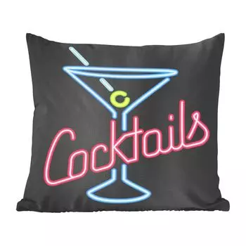Декоративная подушка MuchoWow, диванная подушка, декоративная подушка для гостиной, 60 х 60 см, иллюстрация неоновой вывески «Коктейли» - чехол на подушку - хлопчатобумажная ткань - декоративные наволочки