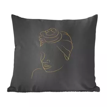 Декоративная подушка MuchoWow, диванная подушка, декоративная подушка для гостиной, 60 х 60 см, женщина - головной платок - золото - рисунок линий - чехол на подушку - хлопчатобумажная ткань - декоративные чехлы на подушки