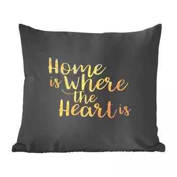 Декоративная подушка MuchoWow, диванная подушка, декоративная подушка для гостиной, 60 x 60 см, цитата - дом - сердце - золото - чехол на подушку - хлопковая ткань - декоративные наволочки