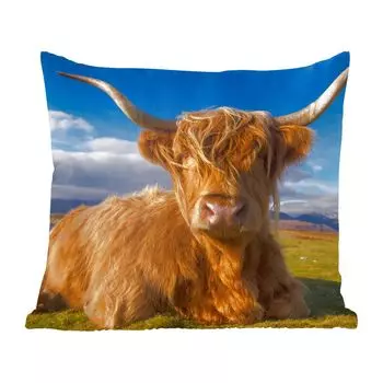 Декоративная подушка MuchoWow Диванная подушка Декоративная подушка для гостиной 60 x 60 см Шотландский горец - Светлый - Натуральный - Чехол на подушку - Хлопчатобумажная ткань - Декоративные наволочки, мультиколор