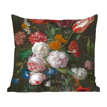 Декоративная подушка MuchoWow, диванная подушка, декоративная подушка для гостиной, 50 х 50 см, натюрморт с цветами в стеклянной вазе - картина Яна Давидса. de Heem - Наволочки - Декорации - спальня, мультиколор