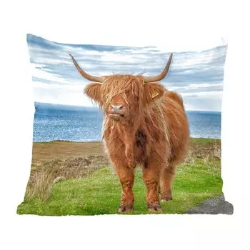 Декоративная подушка MuchoWow Диванная подушка Декоративная подушка для гостиной 60 x 60 см Шотландский горец - Вода - Рога - Чехол на подушку - Хлопчатобумажная ткань - Декоративные наволочки