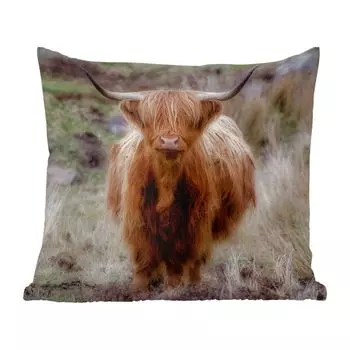 Декоративная подушка MuchoWow Диванная подушка Декоративная подушка для гостиной 60 x 60 см Шотландский горец - Мох - Трава - Чехол на подушку - Хлопчатобумажная ткань - Декоративные наволочки