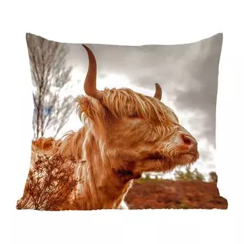 Декоративная подушка MuchoWow Диванная подушка Декоративная подушка для гостиной 60 x 60 см Шотландский горец - Кустарник - Вереск - Чехол на подушку - Хлопчатобумажная ткань - Декоративные наволочки