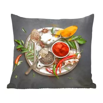 Декоративная подушка MuchoWow, диванная подушка, декоративная подушка для гостиной, 60 х 60 см, специи, тарелки, перец, черный, ложка, серебро, чехол на подушку, хлопчатобумажная ткань, декоративные чехлы на подушки