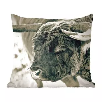 Декоративная подушка MuchoWow Диванная подушка Декоративная подушка для гостиной 60 x 60 см Шотландский горец - Снег - Рога - Чехол на подушку - Хлопчатобумажная ткань - Декоративные наволочки
