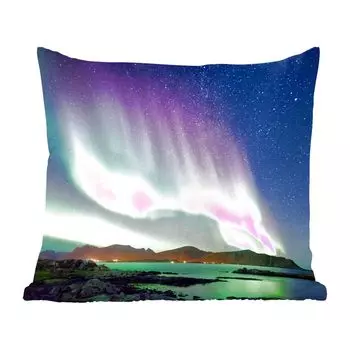 Декоративная подушка MuchoWow Диванная подушка Декоративная подушка для гостиной 60 x 60 см Северное сияние - Зеленый - Фиолетовый - Звездное небо - Озеро - Гора - Чехол на подушку - Хлопчатобумажная ткань - Декоративные наволочки