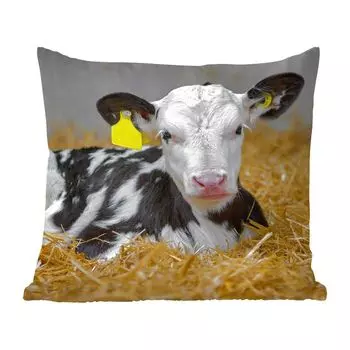 Декоративная подушка MuchoWow, диванная подушка, декоративная подушка для гостиной, 60 х 60 см, корова, солома, теленок, животное, чехол на подушку, хлопчатобумажная ткань, декоративные чехлы на подушки