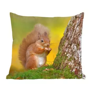 Декоративная подушка MuchoWow, диванная подушка, декоративная подушка для гостиной, 60 х 60 см, рыжая белка рядом с елкой - чехол на подушку - хлопчатобумажная ткань - декоративные наволочки