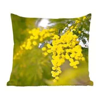 Декоративная подушка MuchoWow, диванная подушка, декоративная подушка для гостиной, 60 х 60 см, желтая мимоза с зелеными листьями - чехол на подушку - хлопчатобумажная ткань - декоративные наволочки