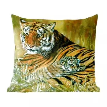 Декоративная подушка MuchoWow, диванная подушка, декоративная подушка для гостиной, 60 х 60 см, картина маслом Тигр и ее детеныш - чехол на подушку - хлопчатобумажная ткань - декоративные наволочки