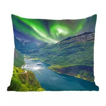 Декоративная подушка MuchoWow Диванная подушка Декоративная подушка для гостиной 60 x 60 см Северное сияние - Горы - Лодка - Норвегия - Чехол на подушку - Хлопчатобумажная ткань - Декоративные наволочки