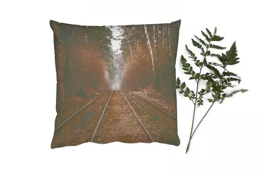 Декоративная подушка MuchoWow, диванная подушка, декоративная подушка для гостиной, 60 х 60 см, железнодорожные пути - дорожка - лес - дерево - чехол на подушку - хлопчатобумажная ткань - декоративные наволочки