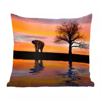 Декоративная подушка MuchoWow, диванная подушка, декоративная подушка для гостиной, 60 х 60 см, слон и закат - чехол на подушку - хлопчатобумажная ткань - декоративные чехлы на подушки