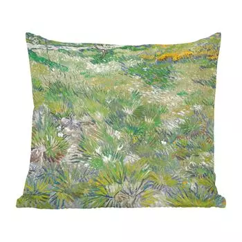 Декоративная подушка MuchoWow, диванная подушка, декоративная подушка для гостиной, 60 х 60 см, травянистый луг с цветами и бабочками - картина Винсента Ван Гога - чехол на подушку - хлопчатобумажная ткань - декоративные наволочки