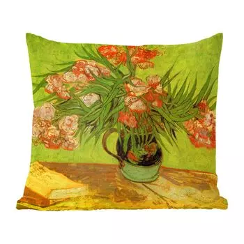 Декоративная подушка MuchoWow, диванная подушка, декоративная подушка для гостиной, 60 х 60 см, ваза-натюрморт с олеандром и книгами - картина Винсента Ван Гога - чехол на подушку - хлопчатобумажная ткань - декоративные чехлы на подушки